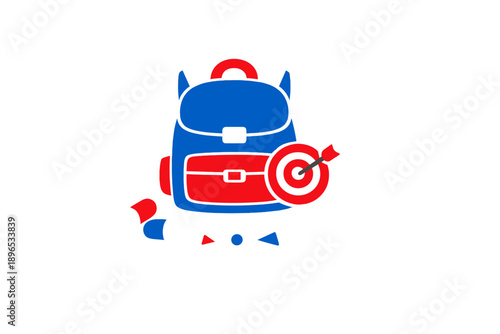 Colorful backpack with target design and school supplies showing learning tools at home in a study area