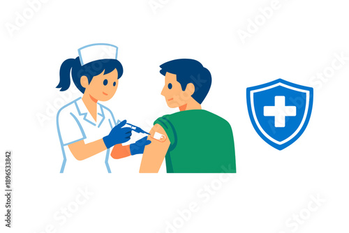 Nurse gives vaccine to person in medical setting during daytime with health protection symbol present