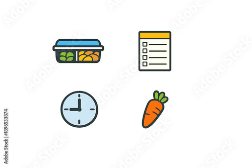 Meal prep container with mixed fruits, grocery list, clock showing time, and carrot icon represent planning for healthy eating habits