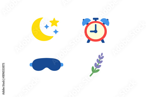 Sleep aids for better rest during night, including moon, stars, alarm clock, sleep mask, and lavender plant arranged in simple layout