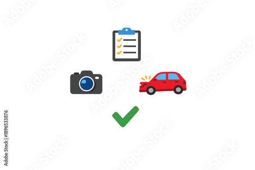 Checklist for reporting a car accident with a camera and a red car in the center and a checkmark indicating completion
