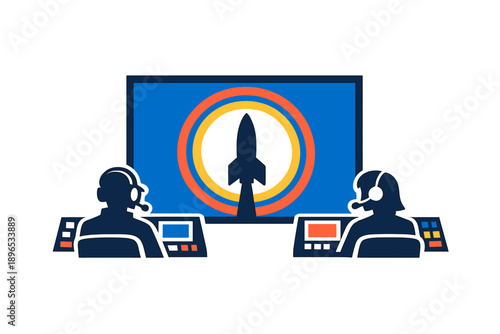 People operate control panels to monitor a rocket launch process in a bright control room setting during an important space mission