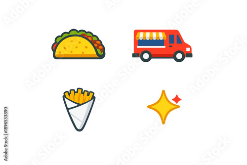 Food truck serving tacos and fries in a street setting near a busy area with people enjoying their meals during the day