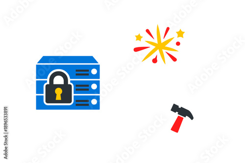 Secure server with lock symbol and explosion graphic illustrates the importance of data protection during a security breach or system failure
