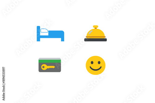 Icons representing hotel services including bed, reception bell, key card, and smiley face for customer experience at accommodations