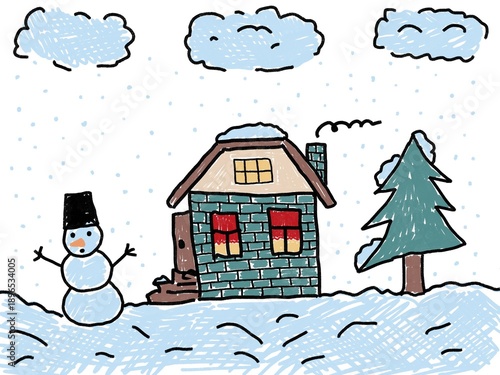 Like children like hand drawn digital illustration house tree snowman winter snowy day lovely picture	