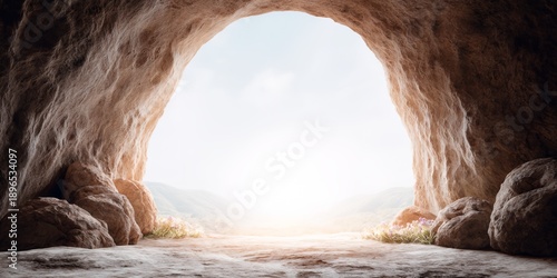 Cave with a large opening and a mountain in the background