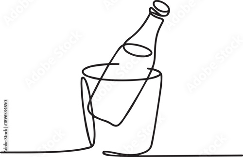 A simple line drawing of a bottle and glass on a table viewed from the side