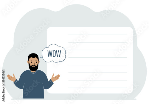 04.02manThe man spread his arms to the sides. Cloud with the text WOW. Shock and surprise. Poster with place for text. Vector flat illustration.