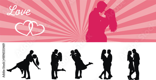 Romantic love couple silhouette illustration, valentines day concept, kissing hugging partners, pink background, relationship passion banner design for wedding marketing