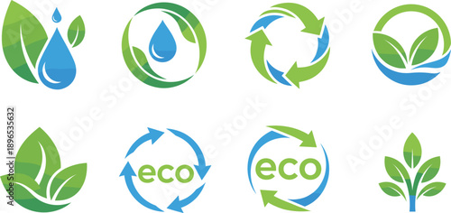 Eco Friendly Logo Collection with Water Drop Leaves and Recycling Arrows Flat Vector Icons Set