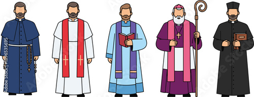 Christian clergy characters illustration, Catholic Orthodox priests bishops monks, religious robes vestments, church ministry faith concept, vector isolated set design