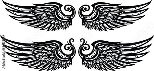 Symmetrical vintage angel wings illustration, black tribal feather tattoo design, decorative heraldic emblem, fantasy mythology artwork isolated on white background