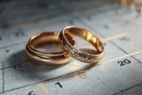 Elegant gold wedding rings resting on a calendar page, symbolizing the joy and commitment of marriage during a special date