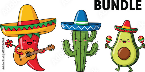 Cute Mexican Food and Cactus Characters Bundle with Sombrero Guitar and Maracas Vector Illustration