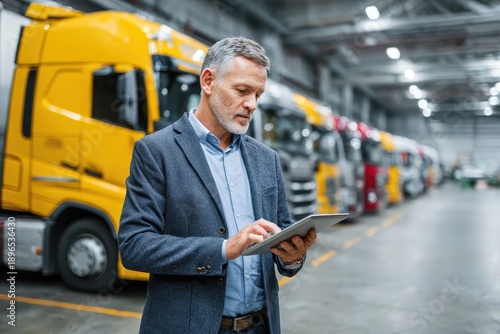 Professional fleet manager using a tablet in a truck yard with multiple trucks parked in the background during daytime operations