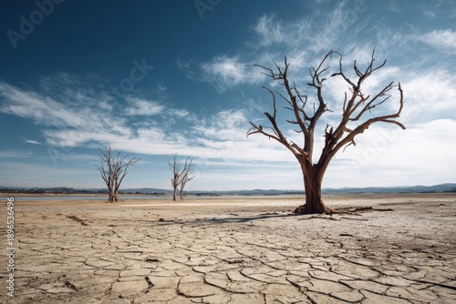 Dead trees stand on drought cracked land under a clear blue sky in a desolate landscape showcasing the impacts of climate change on the environment during a dry season