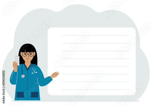 A female doctor holds pills in his hand. There is space for text next to it. Vector flat illustration.