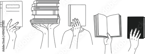 Hand drawn line art illustration of hands holding books and reading, educational library and bookstore concept sketches for student learning and literacy