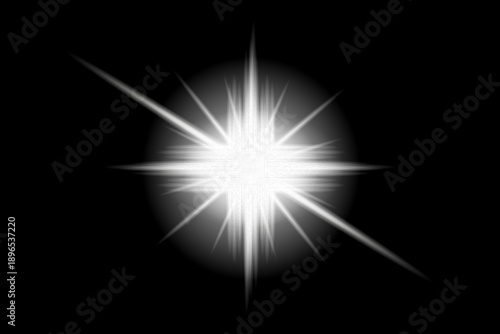 Shining white star with radiating beams in black space