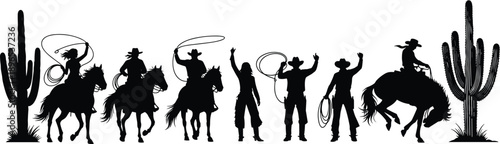 Wild west cowboy and cowgirl silhouettes with horses and cactus, rodeo riders with lasso rope, western desert scene black vector illustration set