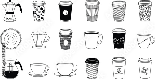 Hand drawn coffee cup and cafe equipment collection, decorative takeaway mugs and espresso cups, barista tools line art vector set for shop decor