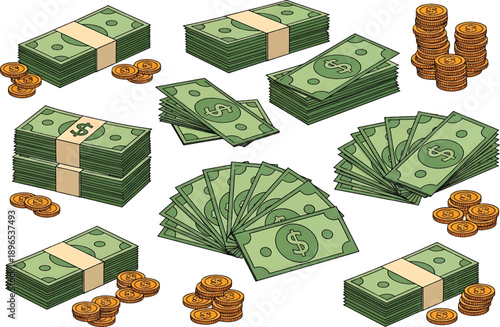 Cartoon money paper cash banknotes and golden coins. Green vector dollar piles and gold stacks. Isolated rich, bank deposit, dream, bills packs, investment, earnings, treasure or jackpot money. eps