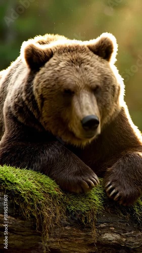 Wallpaper Mural Close-up of brown bear resting on mossy log. Natural habitat creates serene atmosphere. Soft light enhances bear's majestic features. Wildlife photography captures vertical perspective. Torontodigital.ca