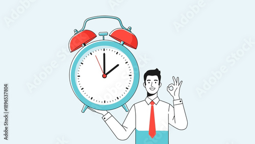 Man holding a large alarm clock with an okay gesture.