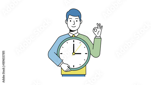 Man Holding Clock and Making Okay Sign Time Management Illustration.