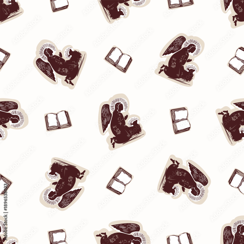 Fototapeta premium Open bible motif vector pattern with angel blessing figure. Hand drawn black and white seamless wallpaper. Religious faith trimming. 