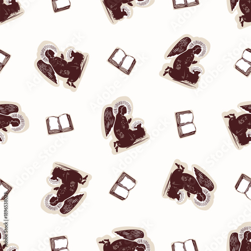 Open bible motif vector pattern with angel blessing figure. Hand drawn black and white seamless wallpaper. Religious faith trimming. 