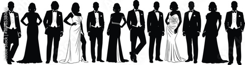 Elegant silhouettes of men in tuxedos and women in evening gowns, formal black tie gala event and luxury wedding party vector
