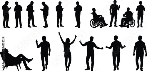 Silhouettes of people using smartphones including individuals in wheelchairs, diverse crowd with expressive gestures and sitting poses for community design concept