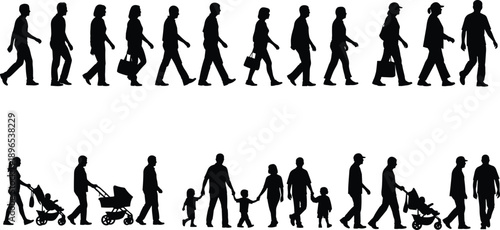 Large set of diverse people silhouettes walking, families with strollers, parents holding hands with children, isolated black vector figures on white background