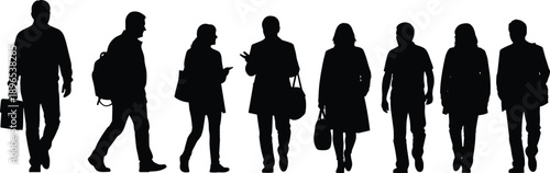 Diverse group of people silhouettes including individuals in wheelchairs, social inclusion and community accessibility concept, black vector figures on white background