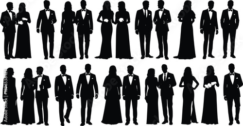 Elegant silhouettes of couples in formal wedding attire and evening gowns, black vector figures of people in tuxedos and dresses for events