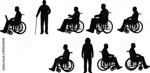 Silhouettes of people in wheelchairs and using walking canes, disabled accessibility and inclusion concept, black vector figures on white background