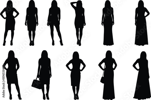 Elegant silhouettes of women in various fashion poses wearing dresses and evening gowns, stylish female figures for luxury beauty and apparel design