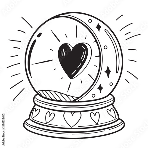 Whimsical Valentine Heart Crystal Ball Vector – Romantic Magic Sphere with Hearts, Mystic Love Fortune Teller Icon, Esoteric Spiritual Line Art, Divine Romance Symbol, Celestial Holiday Design & Tarot