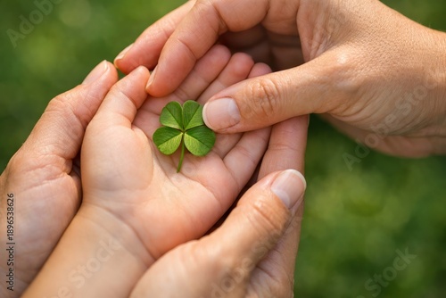 Saint Patrick's lucky clover shared in woman and child hands, closeup outdoors