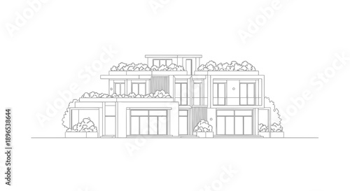 Duplex House Line Art Vector Illustration | Modern Residential Building Outline | Architectural Home Design