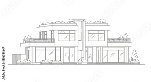 Duplex House Line Art Vector Illustration | Modern Residential Building Outline | Architectural Home Design
