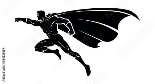 Dynamic superhero flying through air with flowing cape