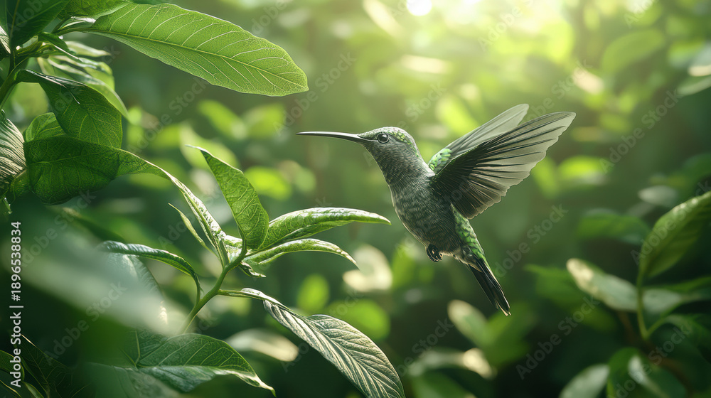 Naklejka premium A stunning hummingbird with iridescent green feathers hovers gracefully among lush green foliage illuminated by dd sunlight in a tropical garden setting.
