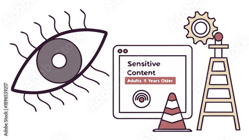 Warning: sensitive content for adults - in trendy line style, line icons set, media, website, blog, content, web icon set, Vector illustration