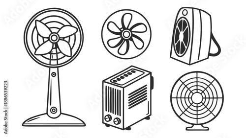 Various types of fans - in trendy line style, line icons set, media, website, blog, content, web icon set, Vector illustration