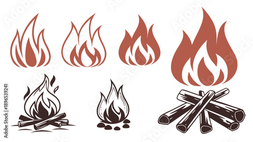 Illustrations of campfires and flames - in trendy line style, line icons set, media, website, blog, content, web icon set, Vector illustration