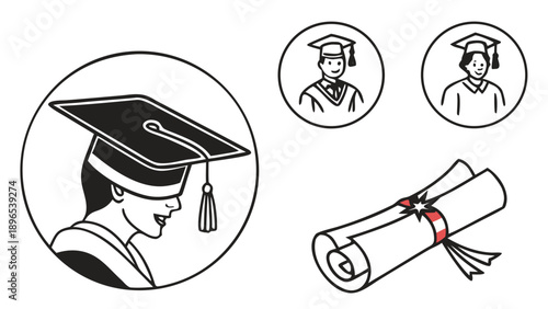 Graduation celebration - in trendy line style, line icons set, media, website, blog, content, web icon set, Vector illustration