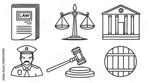 Symbols of justice and law enforcement - in trendy line style, line icons set, media, website, blog, content, web icon set, Vector illustration